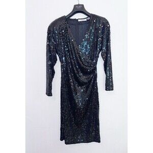 Vintage I. Magnin Black Sequin Dress Size 10 Padded Shoulders